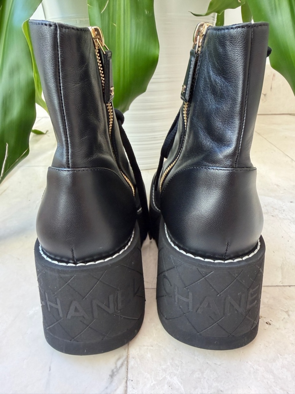 Chanel 2024 Interlocking CC Logo Combat Wedge Lambskin Lace Up Ankle Boots 36.5 - Picture 13 of 16